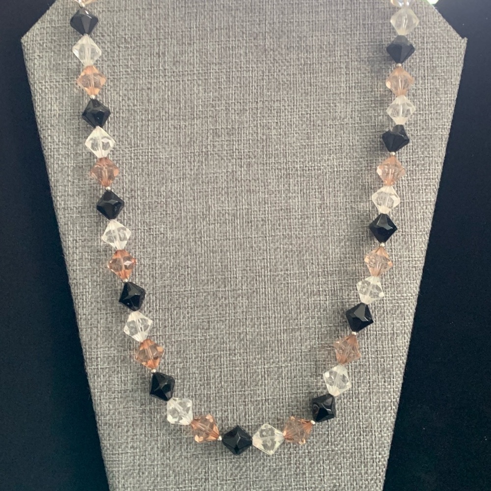 Vintage Black/White/Champagne‎ color acrylic beaded necklace 23”